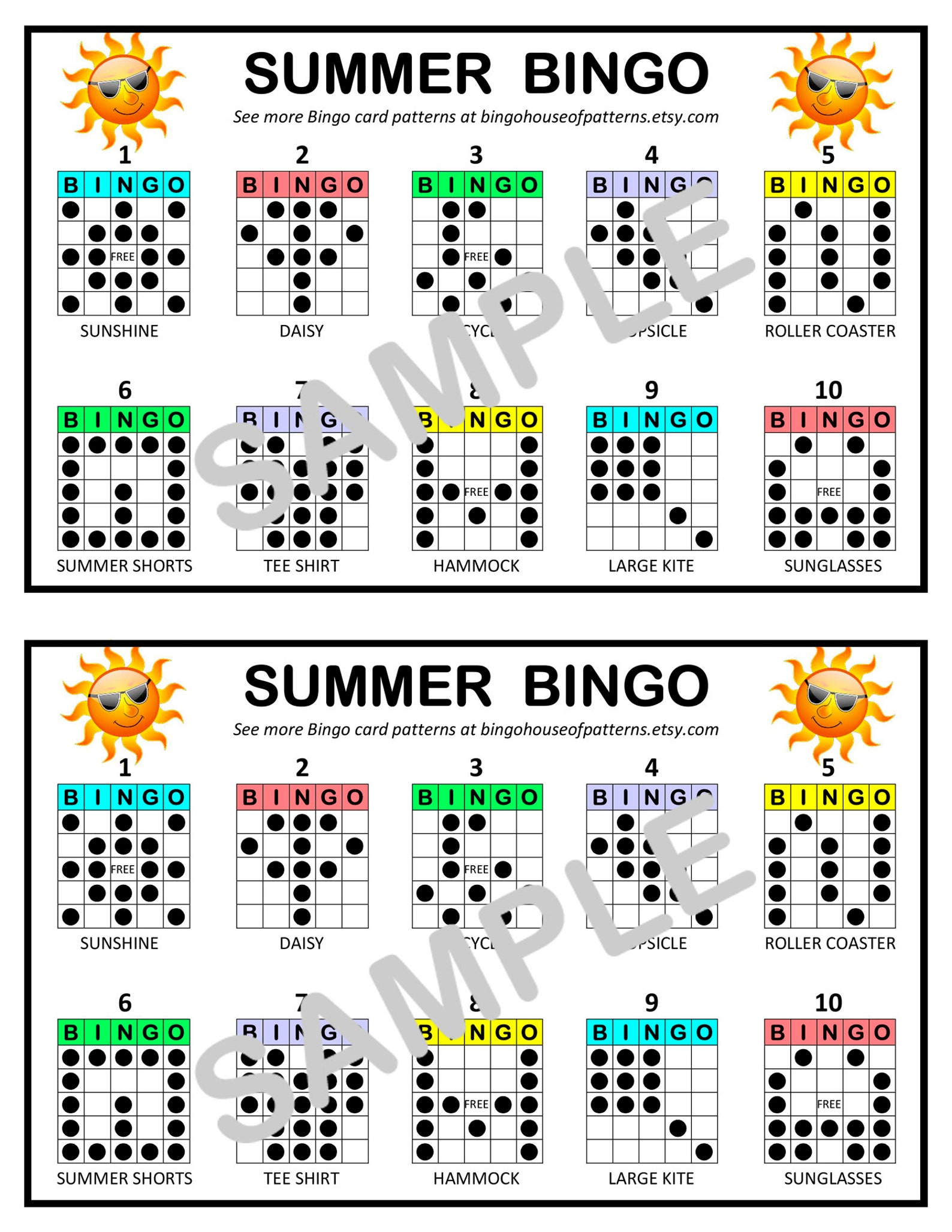 Summertime BINGO Card Patterns for Really Fun BINGO Games Etsy