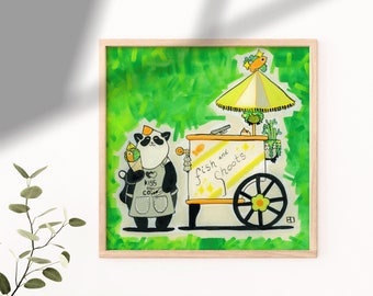 Impresión de ilustración de lindo panda y gato / Impresión de ilustración gouache / Póster