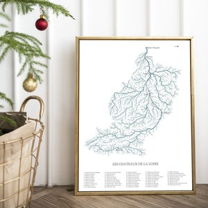 May include: A white and blue map of the Loire Valley in France, showing the location of the Loire River and its tributaries. The map is titled "Les Chateaux de la Loire" and lists the names of 40 chateaux along the river.