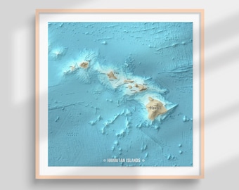 HAWAII Hawaii-Inseln Maui O'Ahu Kauai Honolulu Karte Poster Druck Reliefkarte Brandung Meer Pazifik blau