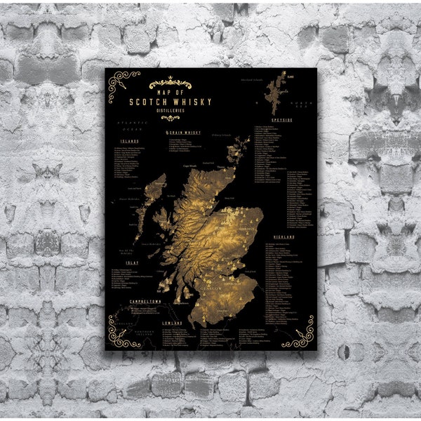 SCOTCH WHISKY Ecosse Carte du Whisky Carte de l'Ecosse cuisine maison restaurant bar gentlemen's club décor affiche distilleries de whisky