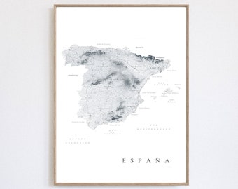 SPAIN España map print home office decor map art poster city print black and white geography print