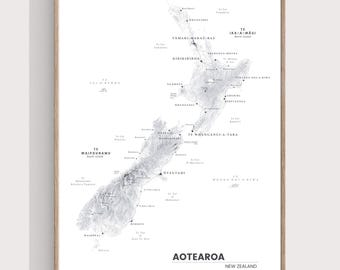 AOTEAROA New Zealand names in Māori black and white aesthetic map