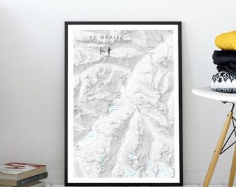ST. MORITZ Switzerland Saint Moritz ski resort ski piste map print main ski areas are Corviglia, Corvatsch, Diavolezza