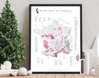 Könnte beinhalten: Ein schwarzer gerahmter Poster mit weißem Hintergrund, der eine Karte von Frankreich mit verschiedenen farbigen Regionen zeigt. Der Titel des Posters lautet "Wine Map of France".
