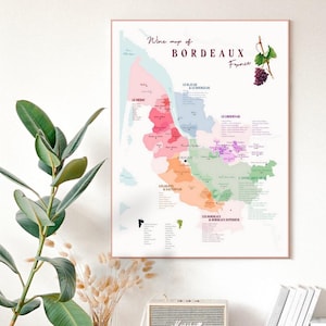 WIJN BORDEAUX Frankrijk Carte des Vins de Bordeaux Wijnkaart Vins de Bordeaux Vignoble de Bordeaux Poster restaurant Franse keuken wijnbar