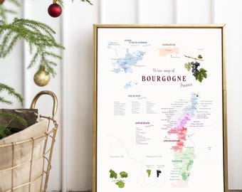 Può includere: Una mappa dei vini della Borgogna, Francia, con un design in stile acquerello. La mappa mostra le diverse regioni vinicole della Borgogna, tra cui Chablis, Côte de Nuits, Côte de Beaune, Côte Chalonnaise e Mâcon. La mappa è stampata su carta bianca e incorniciata in una cornice dorata.