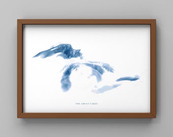 Poster mit Bathymetrie der Großen Seen: Michigan, Ontario, Oberer See, Erie, Huron – Reisekarte