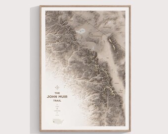The JOHN MUIR Trail map, US mountains trails, Sierra Nevada, Yosemite, gift for hikers, outdoor enthusiast and backpackers