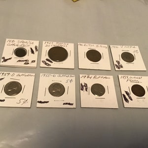 Lot of 8 old and newer coins 1965 Kennedy half 40% silver,1800s shield nickel no date, 1902 V nickel, 1962 D nickel,1936-wheat penny, L-12