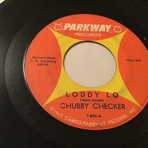 May include: A red and yellow vinyl record with the text "PARKWAY RECORDS" in a white circle. The record is titled "LODDY LO (Mann-Appell) CHUBBY CHECKER" with the copyright information "© 1962 CAMEO-PARKWAY RECORDS, INC. P-890-A".