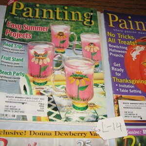 May include: Two issues of Painting magazine, a craft magazine featuring easy summer projects and bewitching Halloween projects. The magazine covers feature painted glass jars with floral designs.