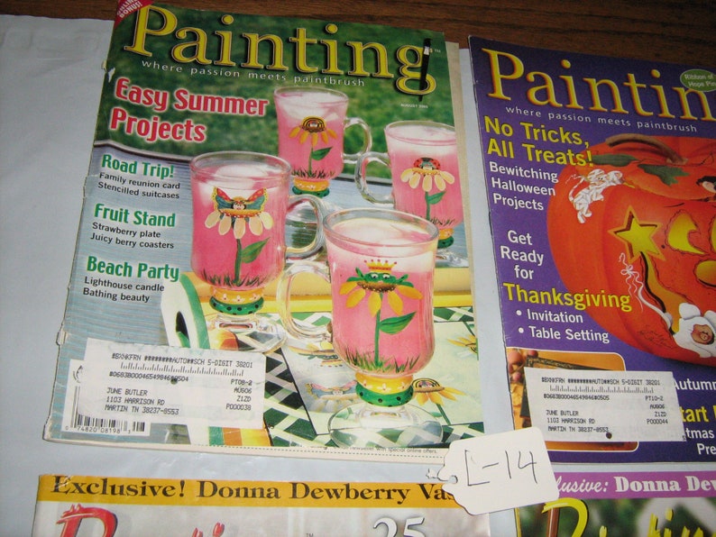 May include: Two issues of Painting magazine, a craft magazine featuring easy summer projects and bewitching Halloween projects. The magazine covers feature painted glass jars with floral designs.