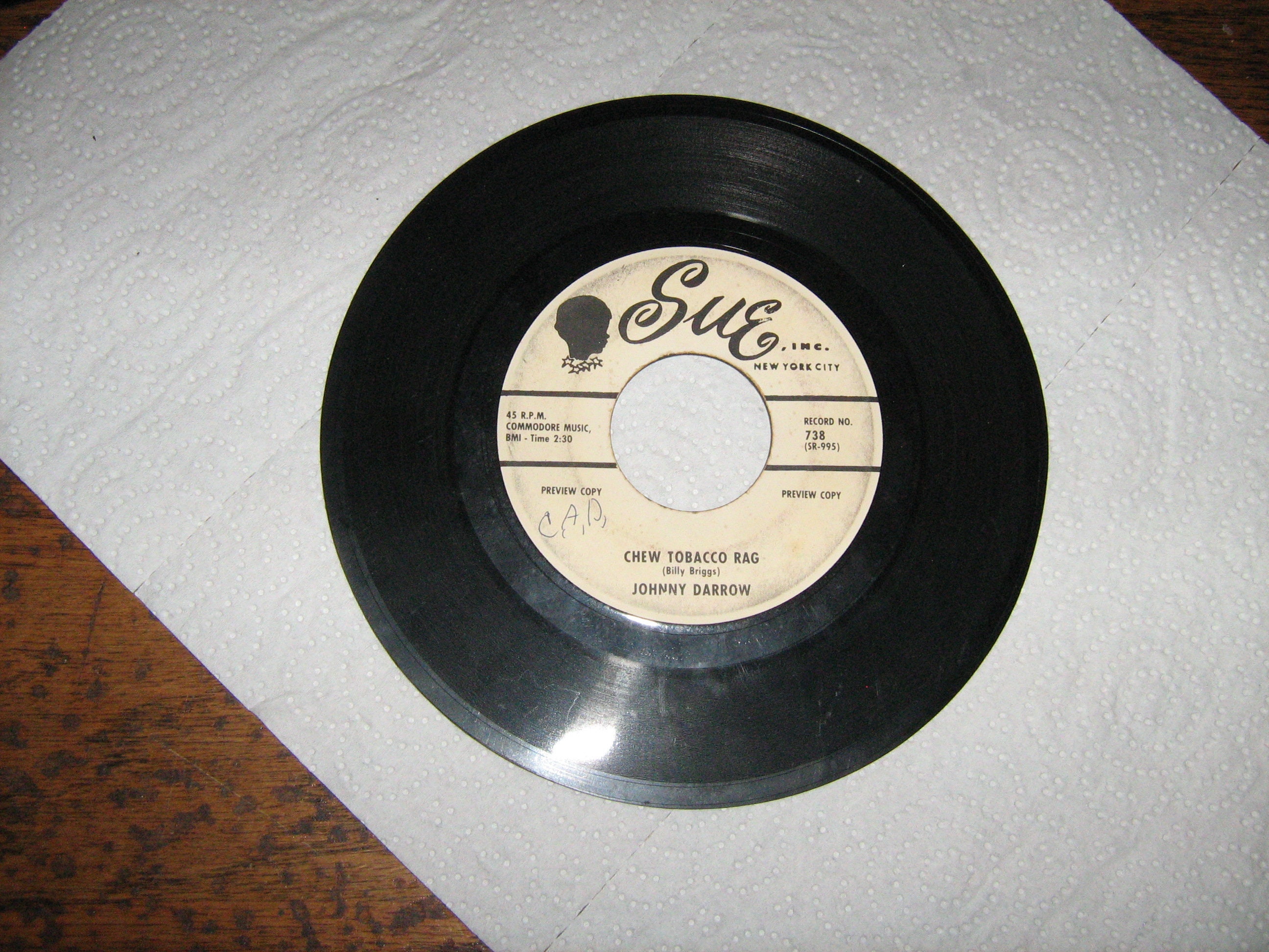 Rare 1950s Promo 45 Rpm Johnny Darrow on Sue # 738 ( Chew Tobacco Rag )  Flip Side is ( the Spider Walk )