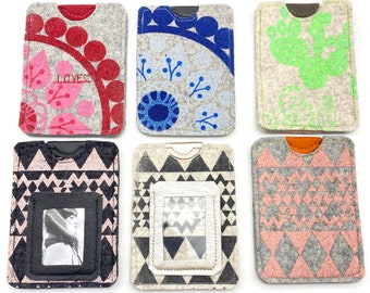 Hand-printed business card holders made from designer felt and leather