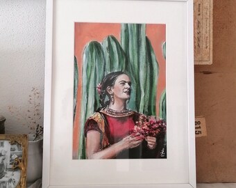 Frida in the sun", handgemaltes Acryl-Gemälde in Rahmen, Porträt in Pastell-Tönen mit Kakteen im Hintergrund