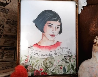 Amelie's Heart", hand-painted calligraphy with watercolor illustration in an antique metal frame from the 1920s