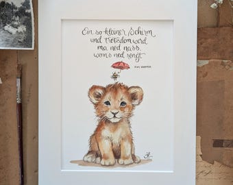 Little lion with umbrella, charm and bee" signed fine art print of hand-painted illustration with acid-free passepartout