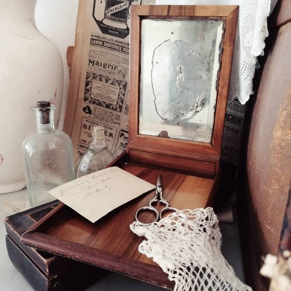 Victorian shaving box / shaving mirror with swallow motif, shaving box, wooden box with mirror, before 1900