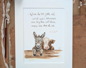 "Donkey and Kaibal" signed fine art print of hand-painted illustration with acid-free passe-partout