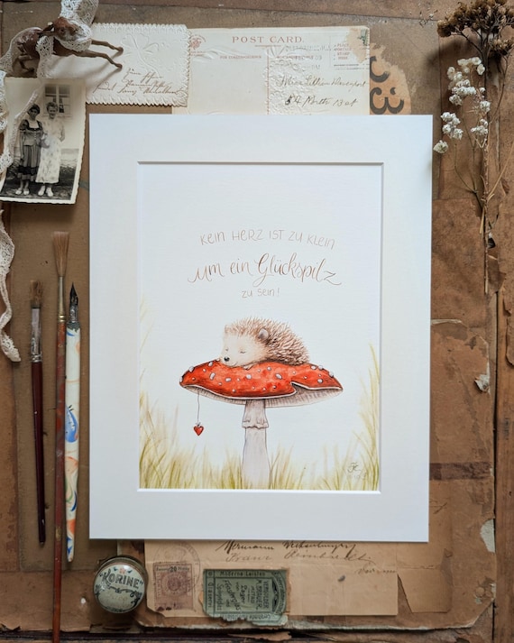 Igel-Herz" signierter Fine Art print von handgemalter Illustration mit säurefreiem Passepartout