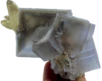 651 Gram Unique Blue/Gray Line Phantom Cubic FLUORITE With CALCITE Specimen From Pakistan @... Size : 102x75x68 mm