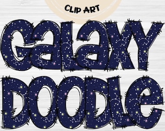 Könnte beinhalten: Galaxy Doodle Clipart mit den Worten "Galaxy Doodle" in marineblau mit einem weißen Sternen- und Konstellationsmuster. Die Buchstaben haben einen schwarzen Umriss und einen gezackten Rand.