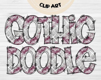 Burgundy Gothic Doodle Alphabet PNG Schriftart (digitaler Download)