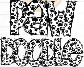 Paw Print Doodle Letters PNG with Doodle Outline, Paw Clipart Alphabet Font Digital Download, POD, Ready to Print, Dog Letters, Cat Font