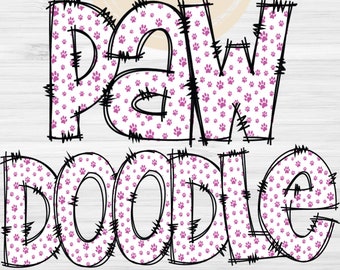 Paw Print Doodle Letters PNG with Doodle Outline, Paw Clipart Alphabet Font Digital Download, POD, Ready to Print, Dog Letters, Cat Font