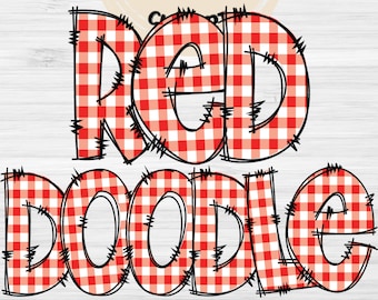 Red Gingham Doodle Letters PNG with Doodle Outline, Plaid Clipart Alphabet Font Digital Download, POD, Ready to Print, Check Letters, Font