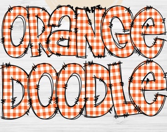 Orange Gingham Doodle Letters, Plaid Alphabet Clipart (PNG Digital Download)