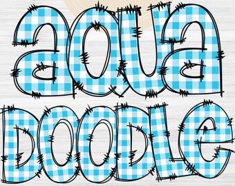 Aqua Gingham Doodle Font, Plaid Clipart Alphabet (Digital Download)