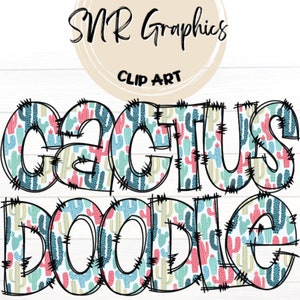 Cactus Doodle Letters PNG con Doodle Outline, Clipart Alphabet Font Digital Download, POD, Ready to Print, BOHO Letters, Aztec Font