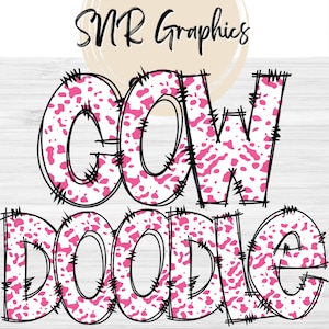 Pink Cow Print Letters PNG with Doodle Outline, Western Clipart Alphabet Font Digital Download, POD, Ready to Print,  Letters, Cowgirl Font