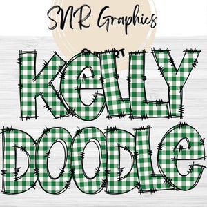 Green Gingham Doodle Letters PNG with Doodle Outline, Plaid Clipart Alphabet Font Digital Download, POD, Ready to Print, Check Letter, Font