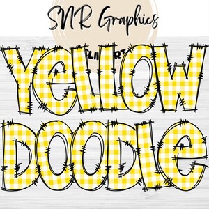 Yellow Gingham Doodle Letters PNG with Doodle Outline, Plaid Clipart Alphabet Font Digital Download, POD, Ready to Print, Check Letter, Font
