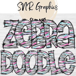 Zebra Doodle Letters PNG with Doodle Outline, Animal Font, Clipart Alphabet Font Digital Download, POD, Ready to Print, Letter, Font