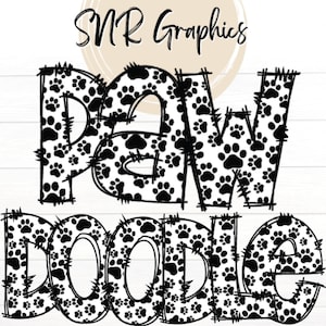 Paw Print Doodle Letters PNG con Doodle Outline, Paw Clipart Alphabet Font Descarga digital, POD, Listo para imprimir, Letras de perro, Fuente de gato