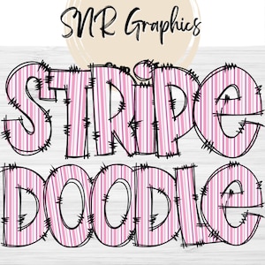 Pink Stripe Doodle Letters PNG avec Doodle Outline, Pattern Font, Clipart Alphabet Font Digital Download, POD, Prêt à imprimer, Lettre, Police