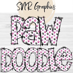 Paw Print Doodle Letters PNG met Doodle Outline, Paw Clipart Alfabet Font Digital Download, POD, Klaar om af te drukken, Dog Letters, Cat Font