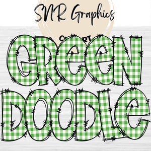 Green Gingham Doodle Letters PNG with Doodle Outline, Plaid Clipart Alphabet Font Digital Download, POD, Ready to Print, Check Letter, Font