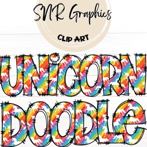 Rainbow Unicorn Doodle Letters PNG con contorno de garabato, Clipart Alphabet Font Digital Download, POD, listo para imprimir, letras manuscritas