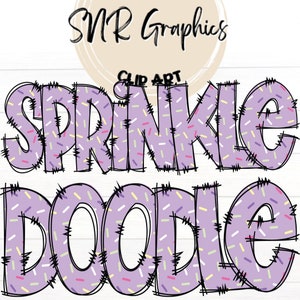 May include: Purple and white "Sprinkle Doodle" text with a sprinkle pattern. The text is outlined in black and has a stitched look.