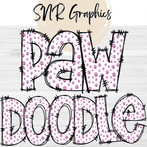 Paw Print Doodle Letters PNG with Doodle Outline, Paw Clipart Alphabet Font Digital Download, POD, Ready to Print, Dog Letters, Cat Font