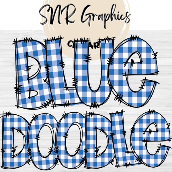 Blue Gingham Doodle Letters PNG with Doodle Outline, Plaid Clipart Alphabet Font Digital Download, POD, Ready to Print, Check Letter, Font