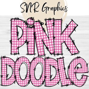 Pink Gingham Doodle Letters PNG with Doodle Outline, Plaid Clipart Alphabet Font Digital Download, POD, Ready to Print, Check Letter, Font