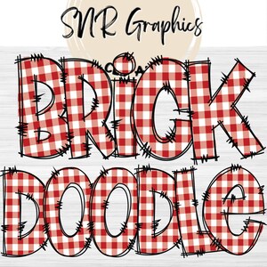 Brick Gingham Doodle Letras PNG con Doodle Outline, Plaid Clipart Alphabet Font Digital Download, POD, Listo para imprimir, Comprobar letras, Fuente