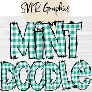 Mint Gingham Doodle Letters PNG con Doodle Outline, Plaid Clipart Alphabet Font Digital Download, POD, Ready to Print, Check Letter, Font