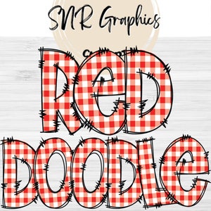Red Gingham Doodle Letters PNG con Doodle Outline, Plaid Clipart Alphabet Font Digital Download, POD, Ready to Print, Check Letters, Font